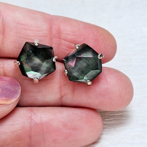 Rare Retired Kendra Scott Ellms Earrings Abalone Dichroic Silver Studs - Picture 5 of 8
